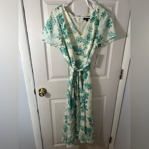 🤍💚☕️🫖🍵🧋 Teal/Ivory Country Toile Teal Tea Length V Neck Dress w/Pockets